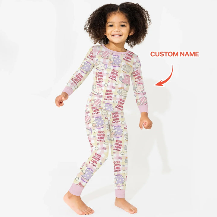 Little Lamb God Says I Am Custom Name Long Sleeve Pajama Set - Zumbamboo