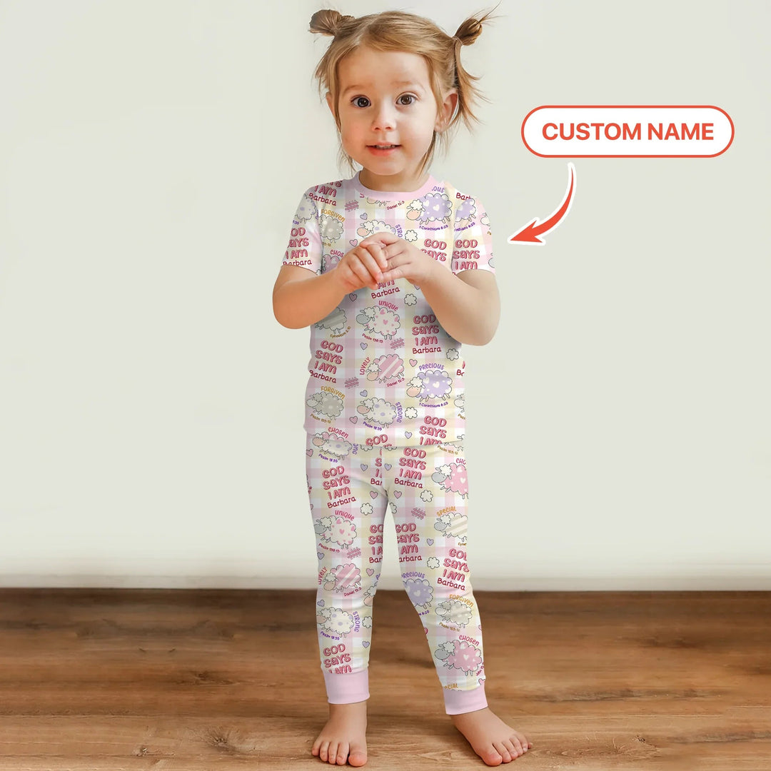 Little Lamb God Says I Am Custom Name Short Sleeve Pajama Set - Zumbamboo
