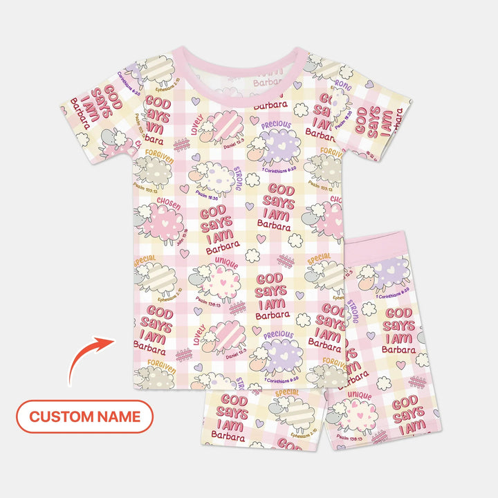 Little Lamb God Says I Am Custom Name Short Sleeve Shorts Pajama Set - Zumbamboo