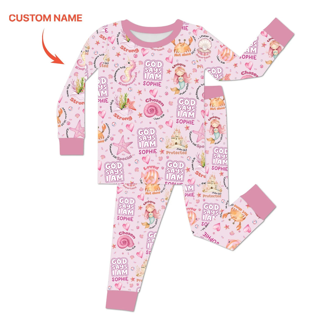 Mermaid God Says I Am Custom Name Two Piece Long Sleeve Pajama Set - Zumbamboo