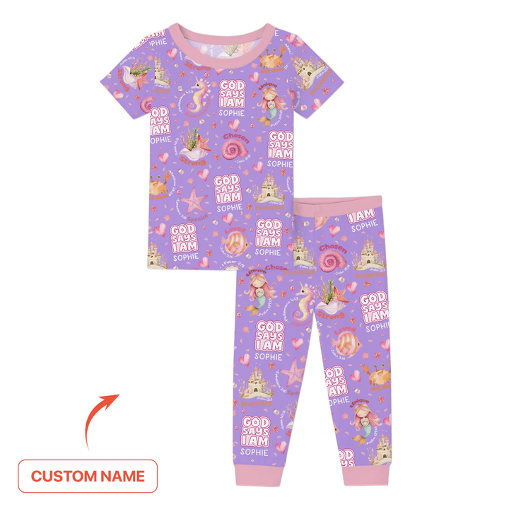 Mermaid God Says I Am Custom Name Two Piece Short Sleeve Pajama Set - Zumbamboo