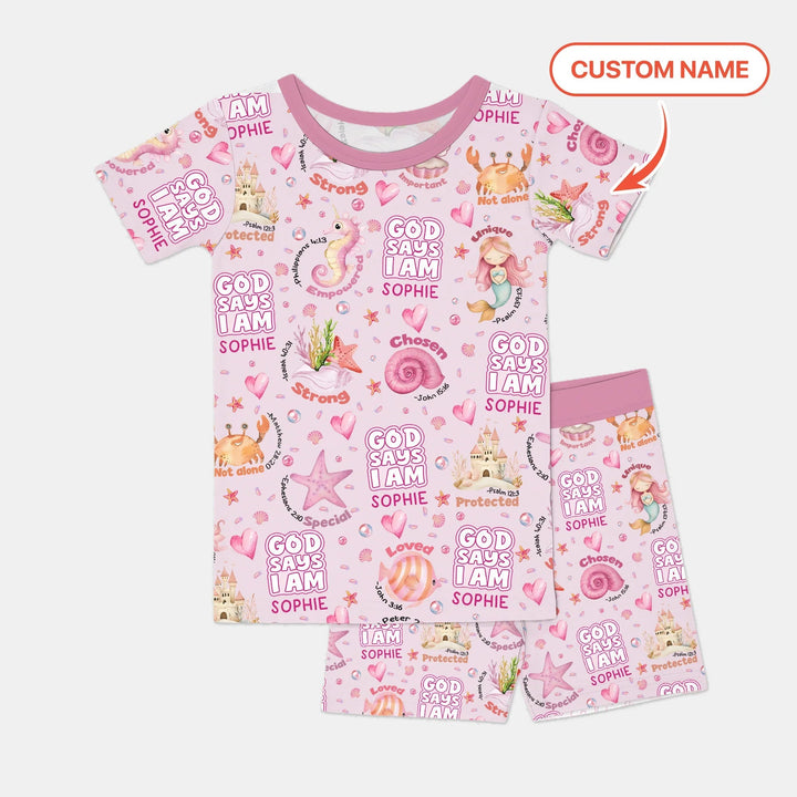 Mermaid God Says I Am Custom Name Two Piece Short Sleeve Shorts Pajama Set - Zumbamboo