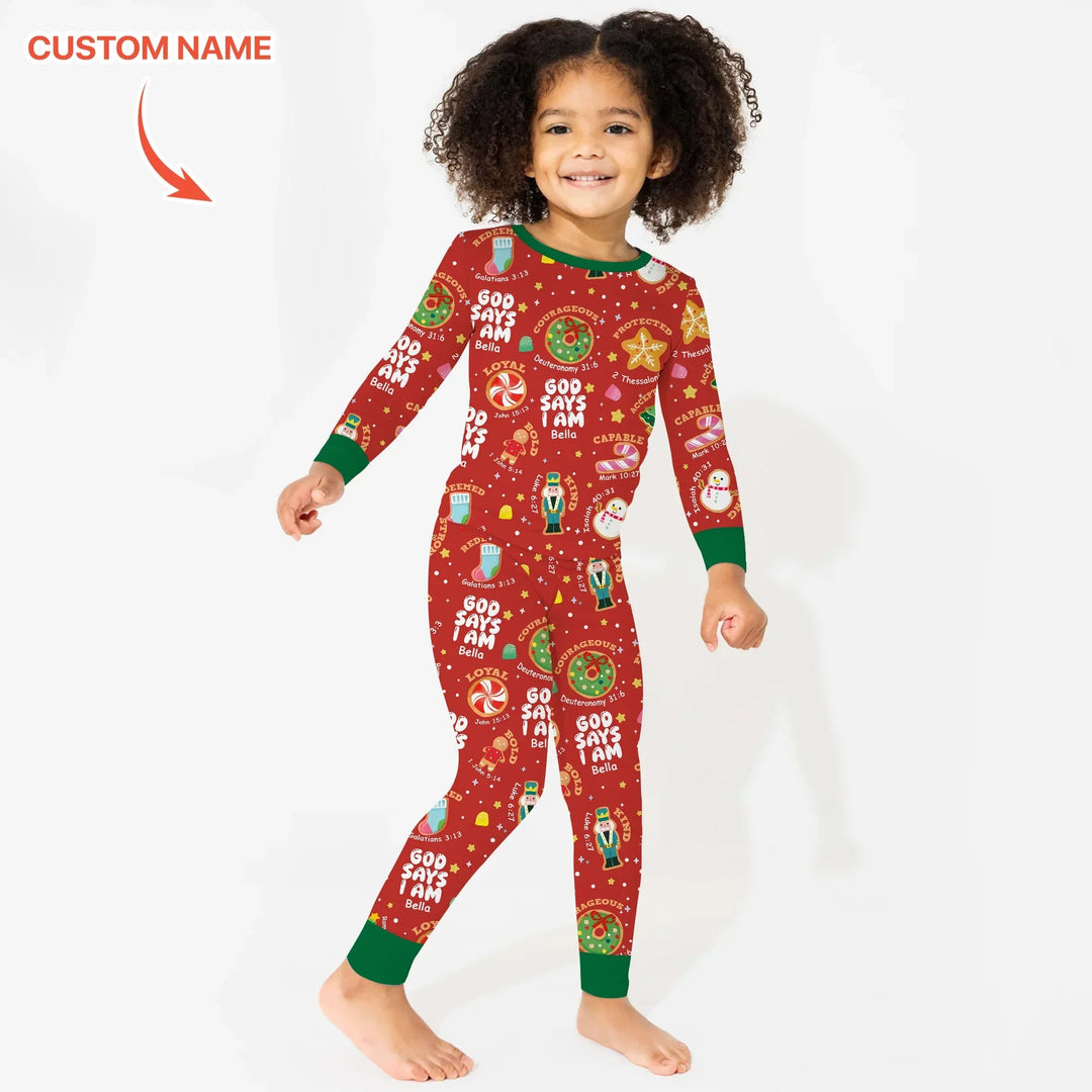Merry Christmas God Says I Am Custom Name Two Piece Long Sleeve Pajama Set - Zumbamboo