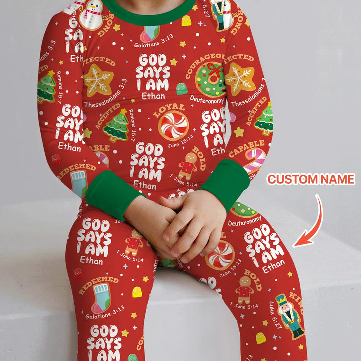Merry Christmas God Says I Am Custom Name Two Piece Long Sleeve Pajama Set - Zumbamboo