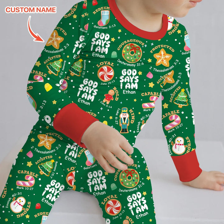 Merry Christmas God Says I Am Custom Name Two Piece Long Sleeve Pajama Set - Zumbamboo