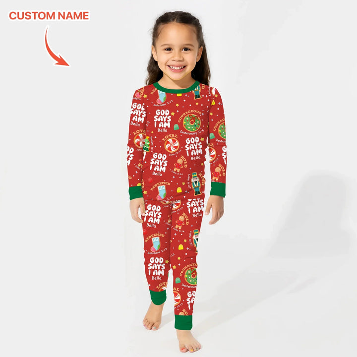 Merry Christmas God Says I Am Custom Name Two Piece Long Sleeve Pajama Set - Zumbamboo