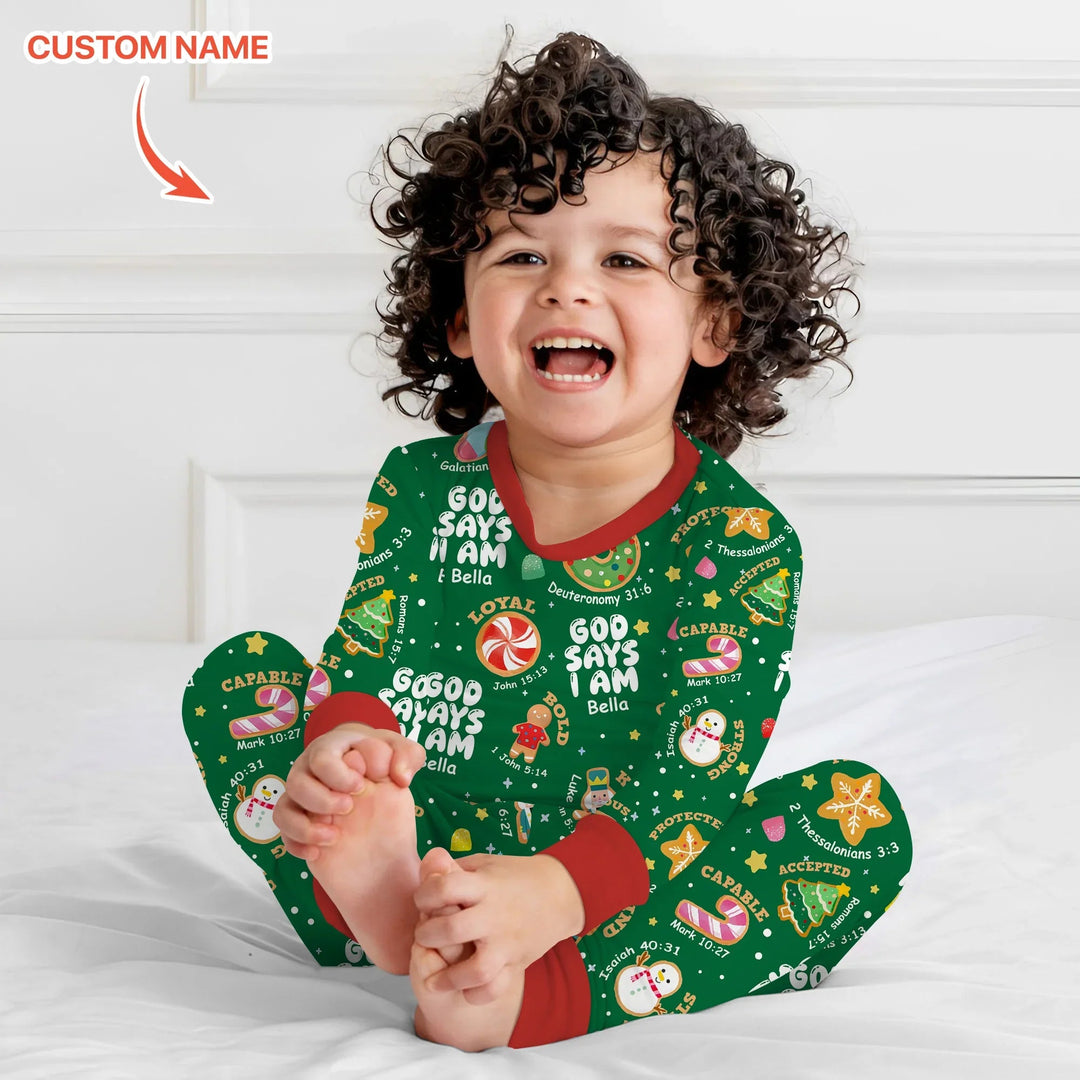 Merry Christmas God Says I Am Custom Name Two Piece Long Sleeve Pajama Set - Zumbamboo