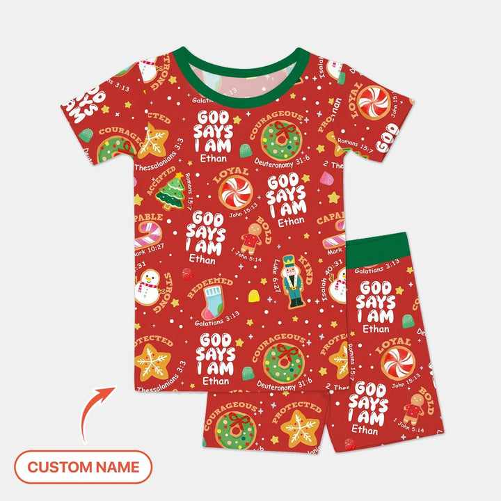 Merry Christmas God Says I Am Custom Name Two Piece Short Sleeve Shorts Pajama Set - Zumbamboo