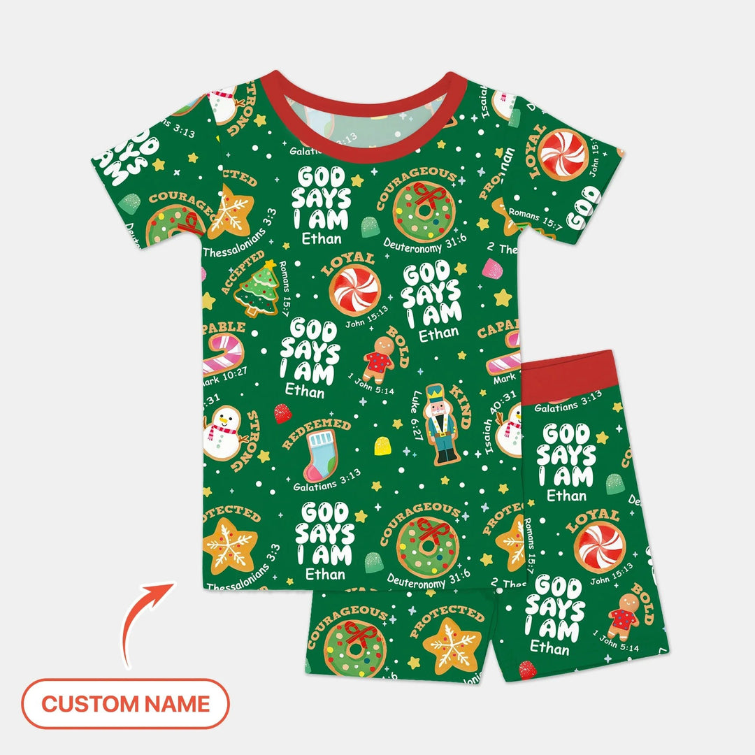 Merry Christmas God Says I Am Custom Name Two Piece Short Sleeve Shorts Pajama Set - Zumbamboo