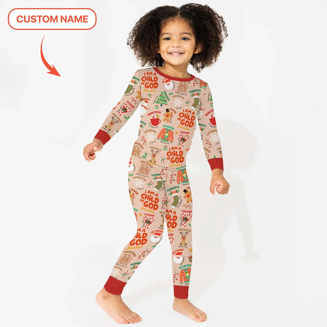 Merry Christmas I Am A Child Of God Custom Name Two Piece Long Sleeve Pajama Set - Zumbamboo