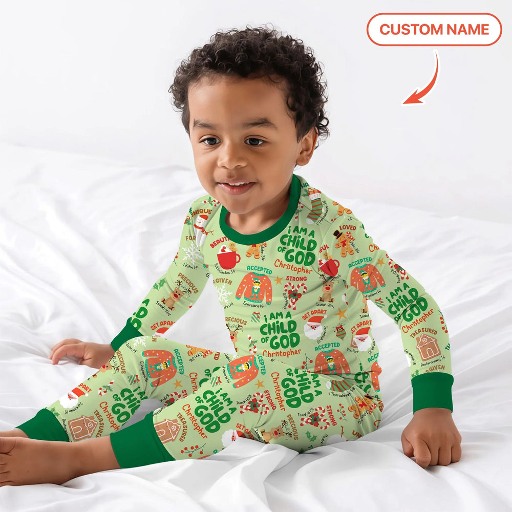 Merry Christmas I Am A Child Of God Custom Name Two Piece Long Sleeve Pajama Set - Zumbamboo