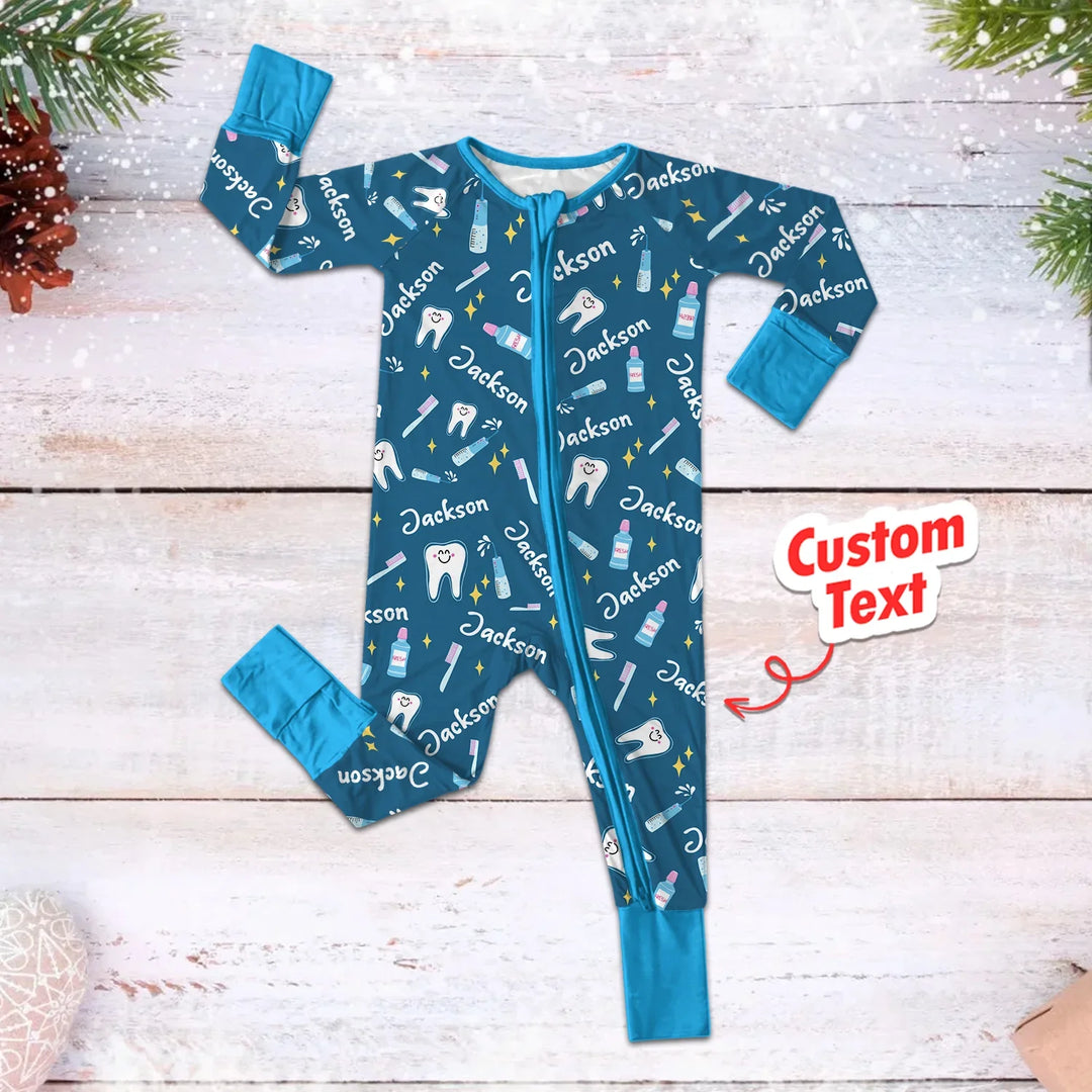 Brushing Teeth Custom Name Convertible Zippered Romper , Brushing Teeth Custom Name Convertible Zippered Romper - Newborn