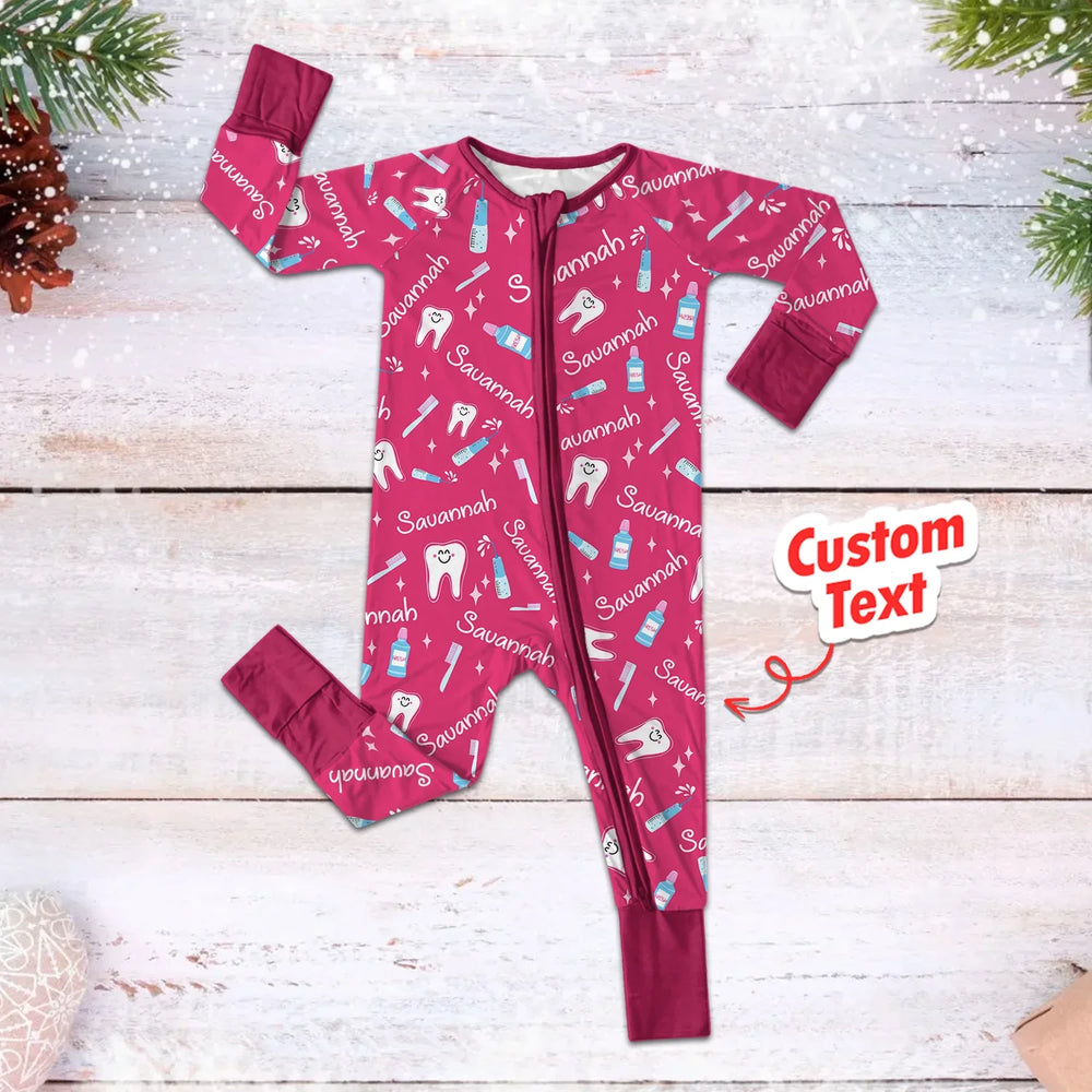 Brushing Teeth Custom Name Convertible Zippered Romper , Brushing Teeth Custom Name Convertible Zippered Romper - Newborn