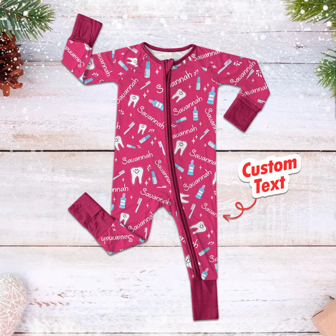 Brushing Teeth Custom Name Convertible Zippered Romper , Brushing Teeth Custom Name Convertible Zippered Romper - Newborn