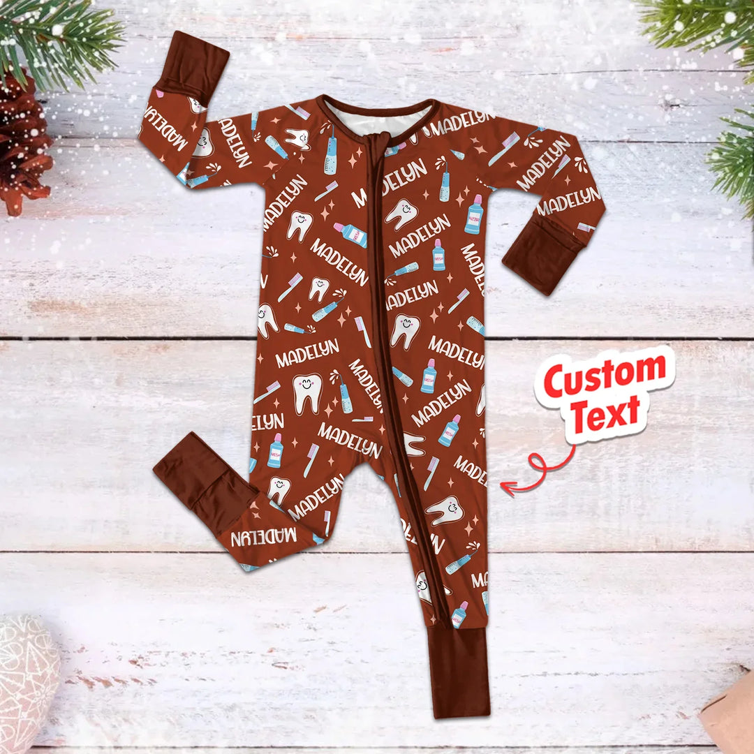 Brushing Teeth Custom Name Convertible Zippered Romper , Brushing Teeth Custom Name Convertible Zippered Romper - Newborn