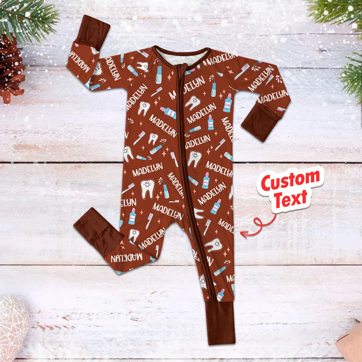 Brushing Teeth Custom Name Convertible Zippered Romper , Brushing Teeth Custom Name Convertible Zippered Romper - Newborn