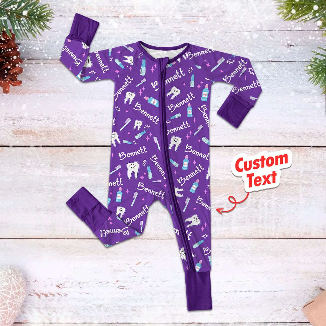 Brushing Teeth Custom Name Convertible Zippered Romper , Brushing Teeth Custom Name Convertible Zippered Romper - Newborn