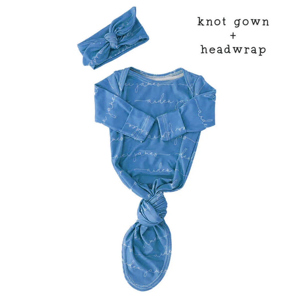 Blue Personalized Baby Name Knot Gowns , Blue Personalized Baby Name Knot Gowns - Knot Gown Only / Script / American Blue