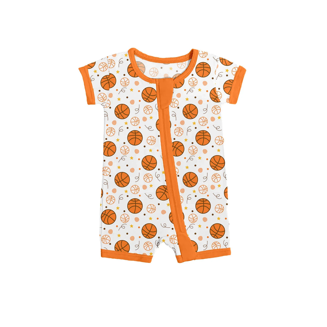 Orange Basketball Shorty Zippered Romper , Orange Basketball Shorty Zippered Romper - 0-3M