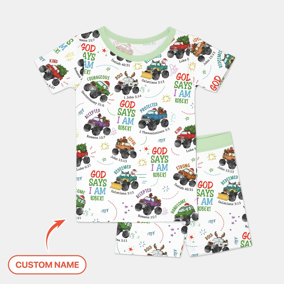 Personalized God Says I Am Christmas Monster Truck Two Piece Short Sleeve Shorts Pajama Set - Zumbamboo