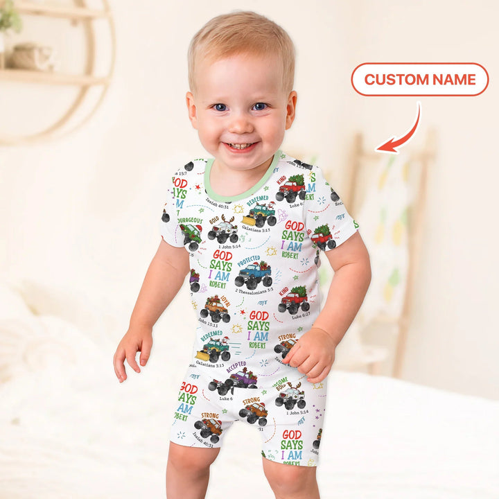 Personalized God Says I Am Christmas Monster Truck Two Piece Short Sleeve Shorts Pajama Set - Zumbamboo