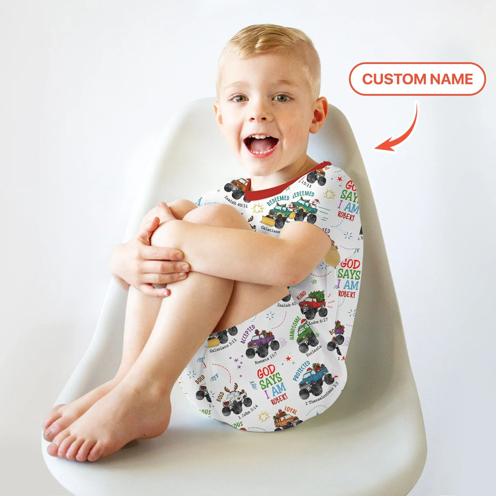 Personalized God Says I Am Christmas Monster Truck Two Piece Short Sleeve Shorts Pajama Set - Zumbamboo