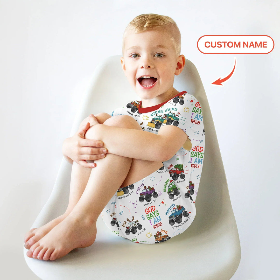 Personalized God Says I Am Christmas Monster Truck Two Piece Short Sleeve Shorts Pajama Set - Zumbamboo