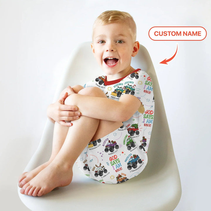 Personalized God Says I Am Christmas Monster Truck Two Piece Short Sleeve Shorts Pajama Set - Zumbamboo