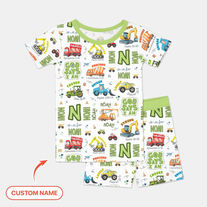 Personalized God Says I Am Construction Vehicules Two Piece Short Sleeve Shorts Pajama Set - Zumbamboo