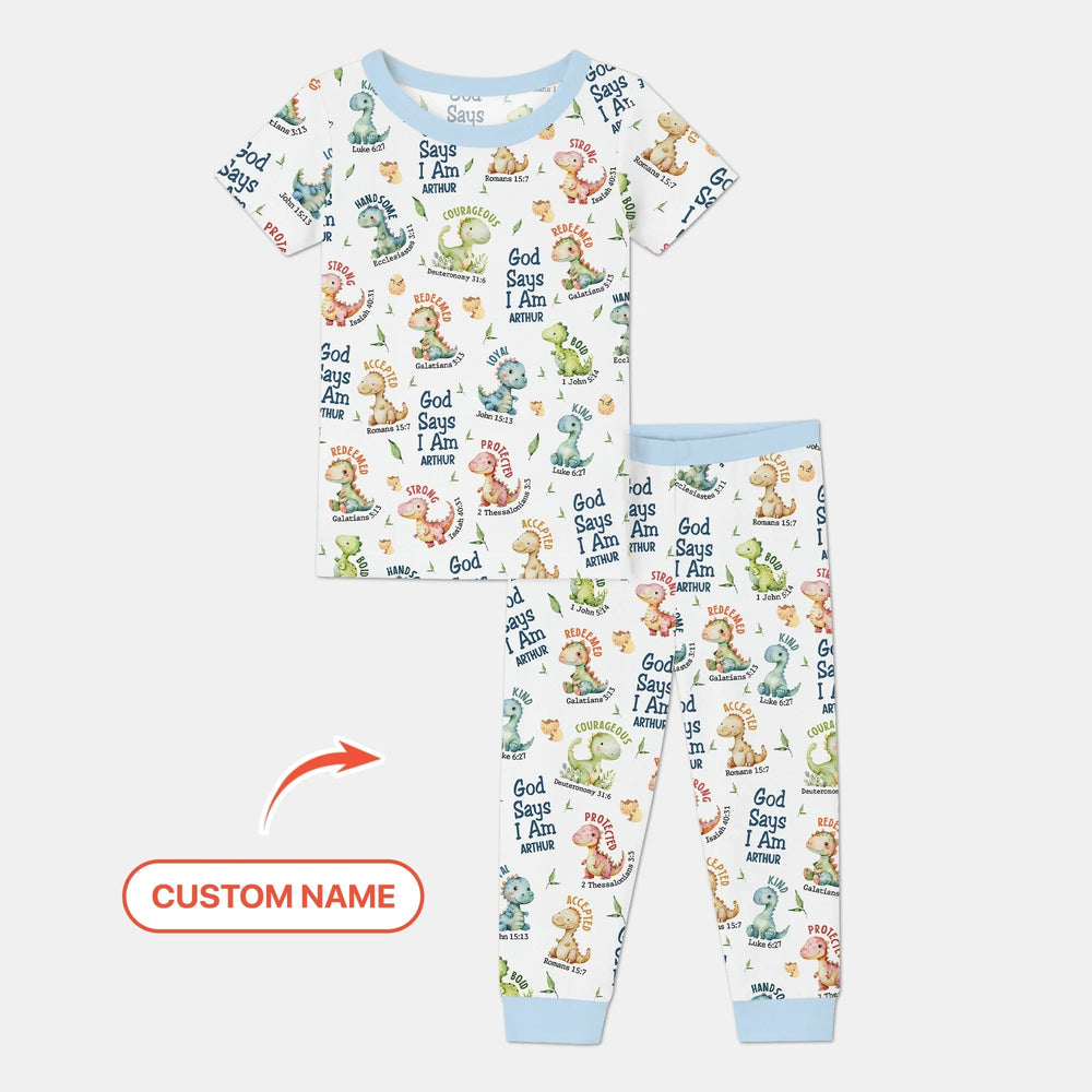 Personalized God Says I Am Dinosaur Two Piece Short Sleeve Pajama Set - Zumbamboo