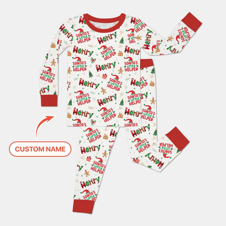 Personalized Santa's Little Helper Two Piece Long Sleeve Pajama Set - Zumbamboo