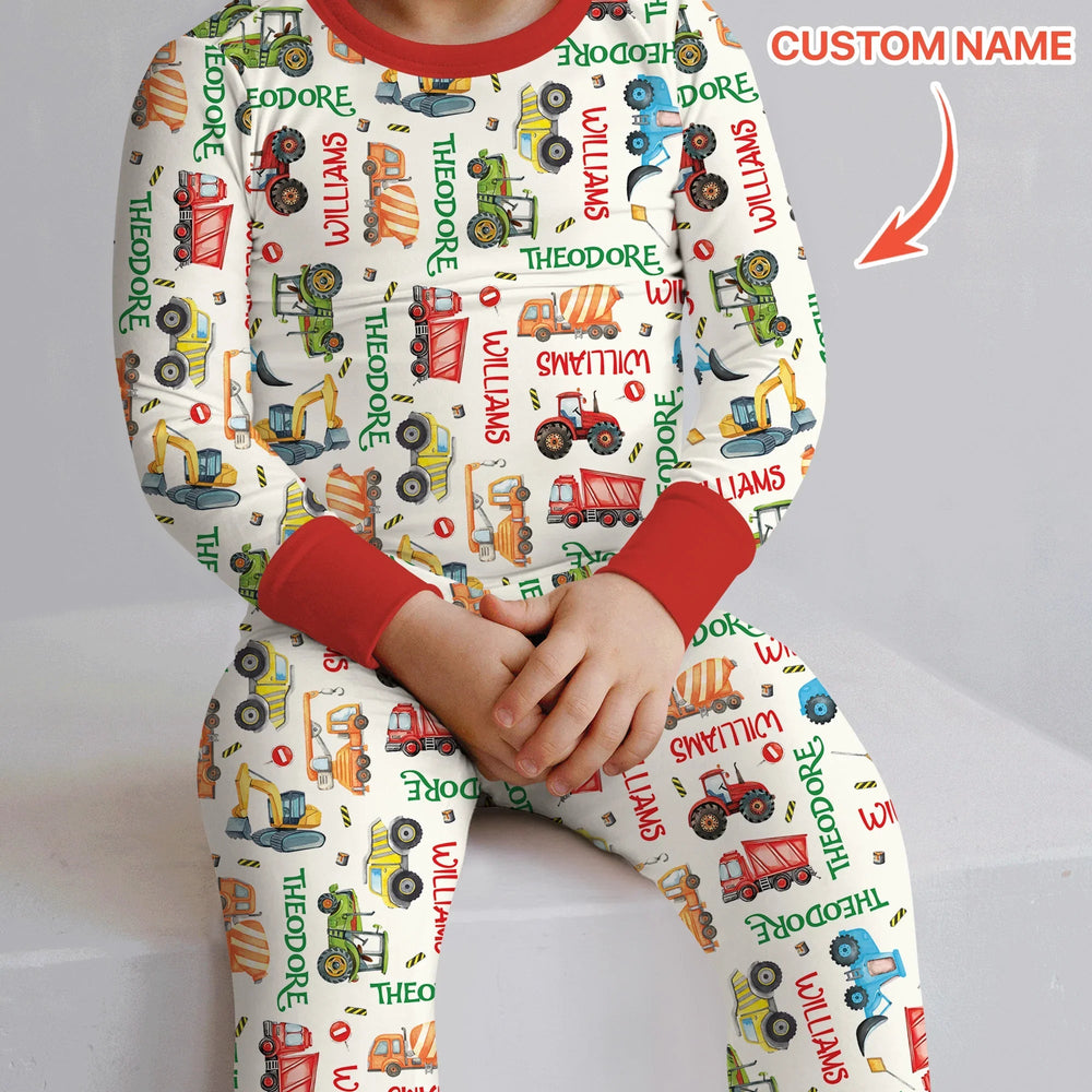 Personalized Tiny Trucks Parade Two Piece Long Sleeve Pajama Set - Zumbamboo