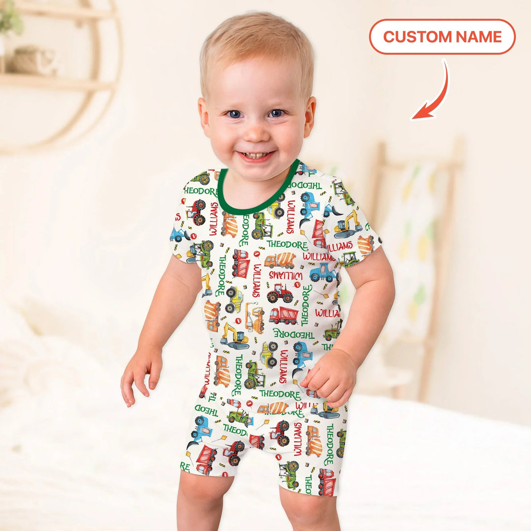 Personalized Tiny Trucks Parade Two Piece Short Sleeve Pajama Set - Zumbamboo