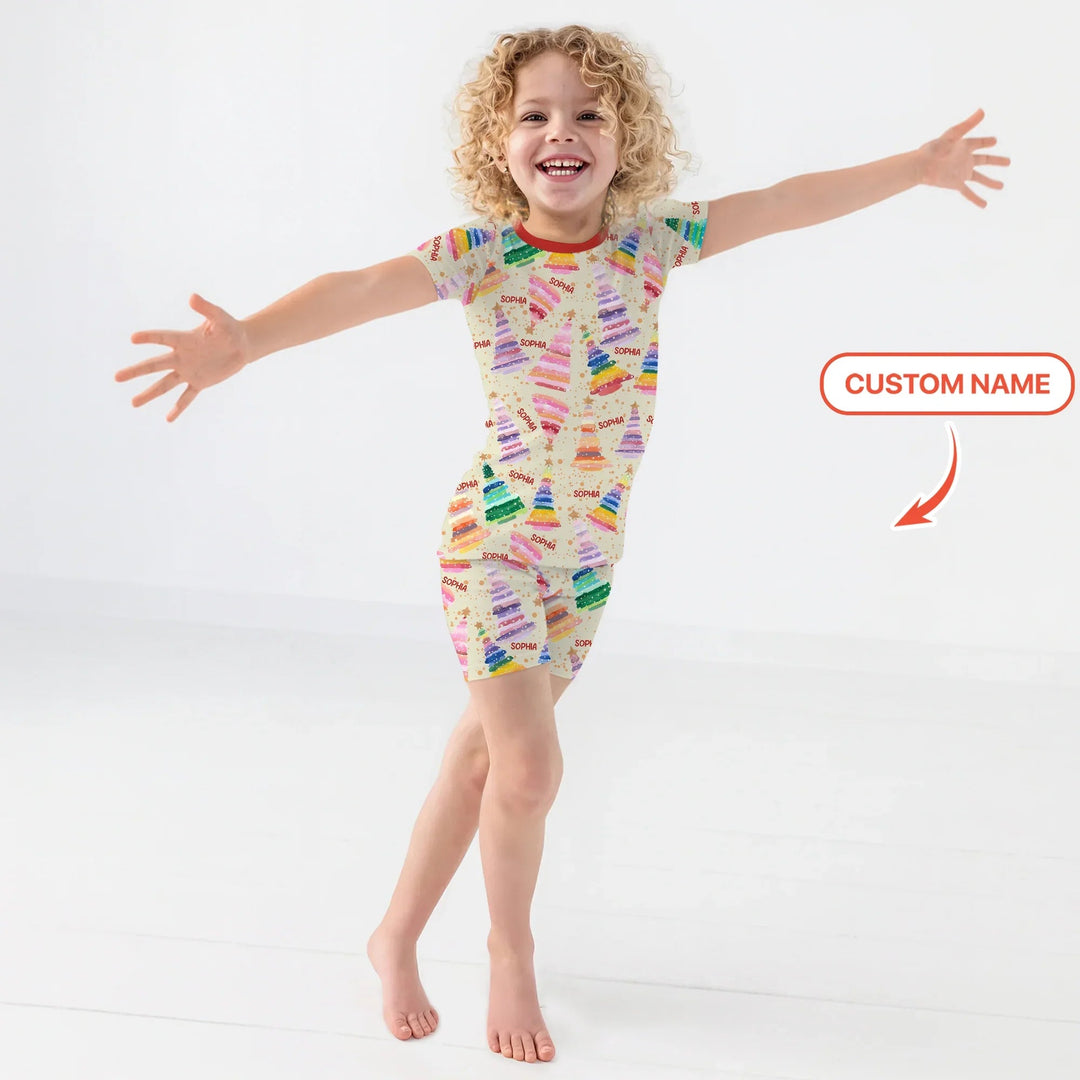 Personalized Twinkle Christmas Trees Two Piece Short Sleeve Shorts Pajama Set - Zumbamboo