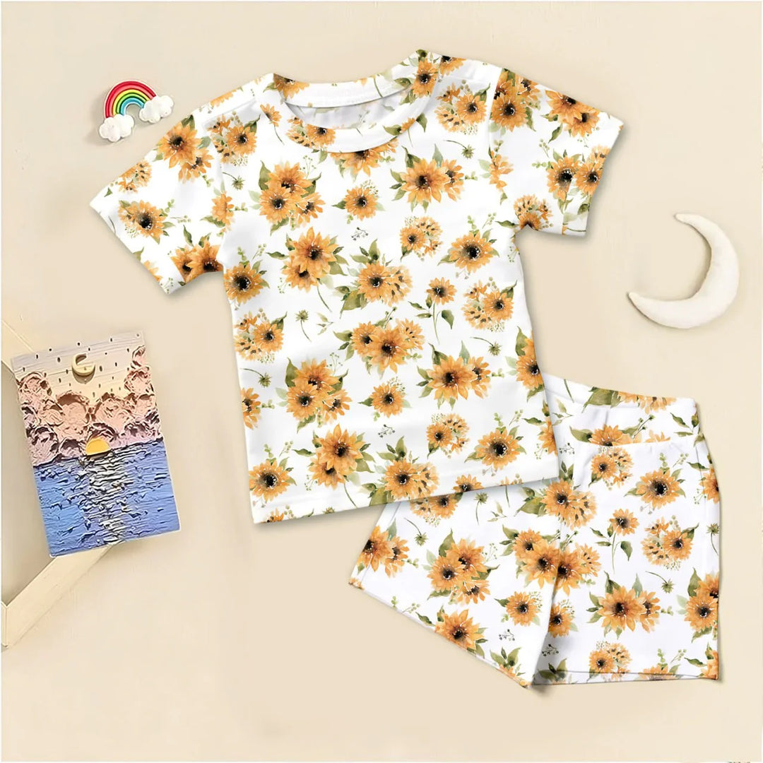 Savannah's Sunflowers Two Piece Short Sleeve Shorts Pajama Set , Savannah's Sunflowers Two Piece Short Sleeve Shorts Pajama Set - 12-18M
