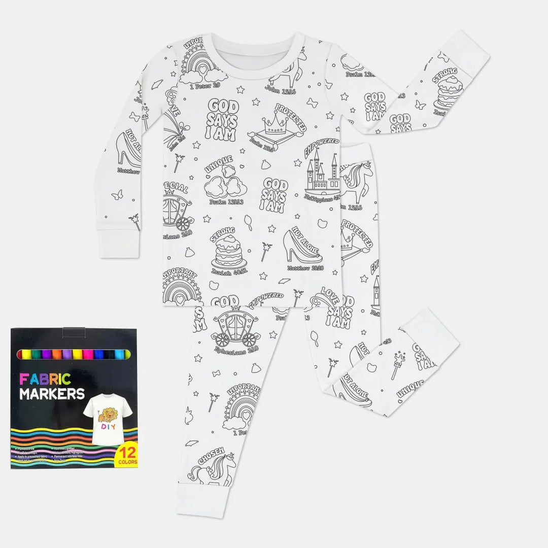 God Says I am Girl Colorable Two Piece Pajama Set , God Says I am Girl Colorable Two Piece Pajama Set - 3T