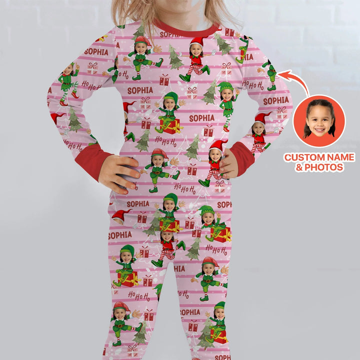 Custom Photo Baby Christmas Elf Two Piece Long Sleeve Pajama Set