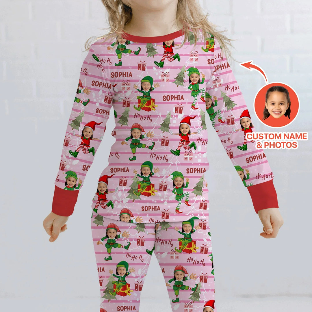 Custom Photo Baby Christmas Elf Two Piece Long Sleeve Pajama Set