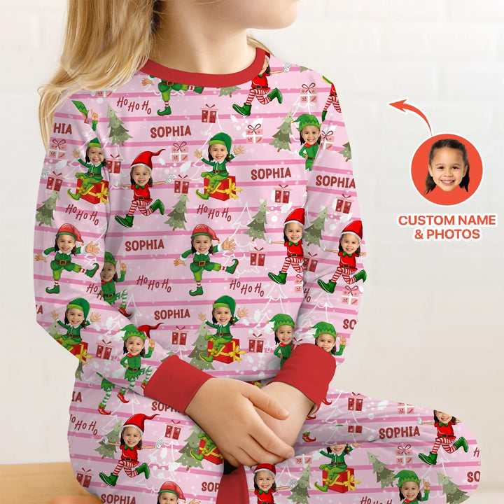 Custom Photo Baby Christmas Elf Two Piece Long Sleeve Pajama Set