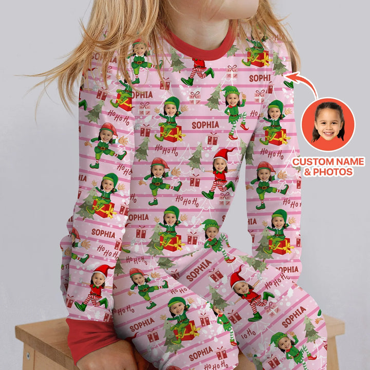 Custom Photo Baby Christmas Elf Two Piece Long Sleeve Pajama Set