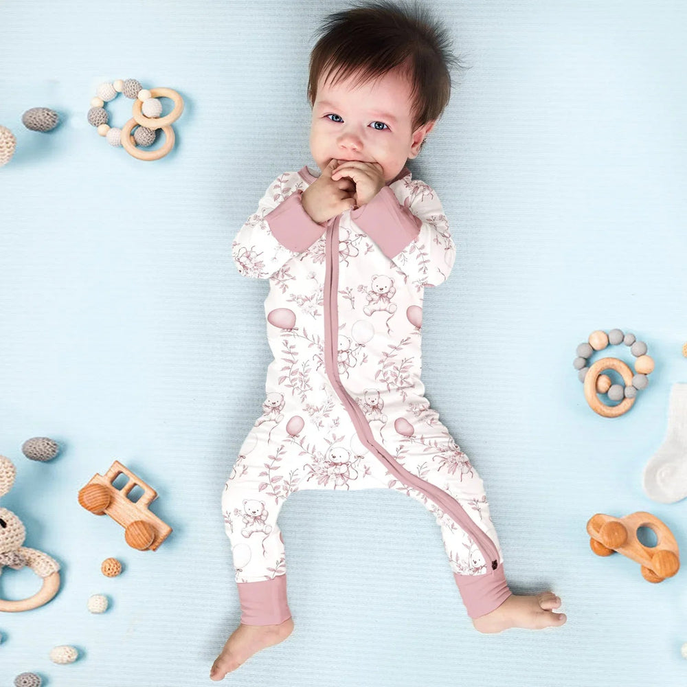 Pink Bear Toile de jouy Convertible Zippered Romper - Zumbamboo