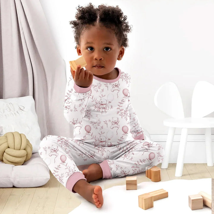 Pink Bear Toile de jouy Two Piece Long Sleeve Pajama Set - Zumbamboo