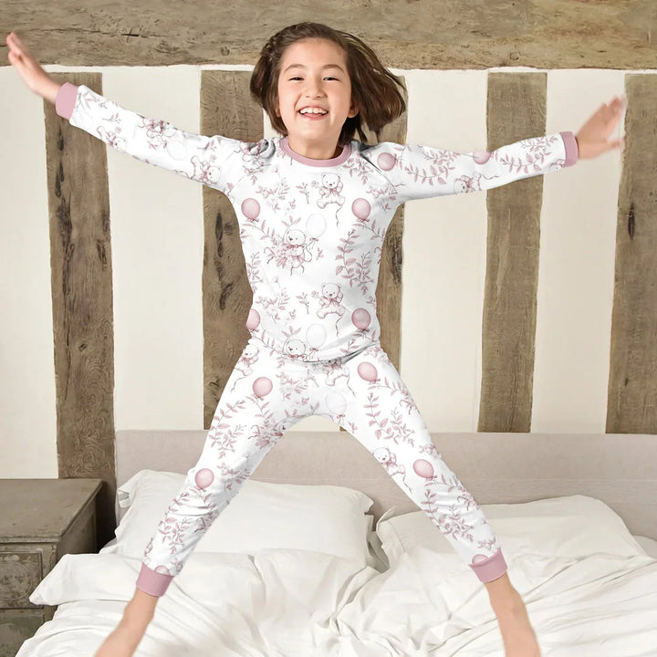 Pink Bear Toile de jouy Two Piece Long Sleeve Pajama Set - Zumbamboo