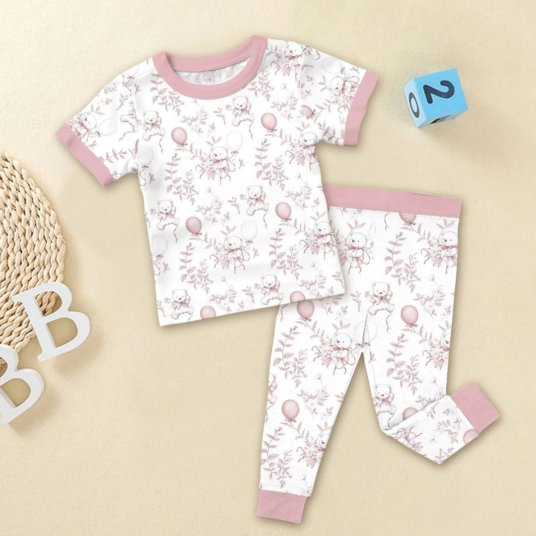Pink Bear Toile de jouy Two Piece Short Sleeve Pajama Set - Zumbamboo