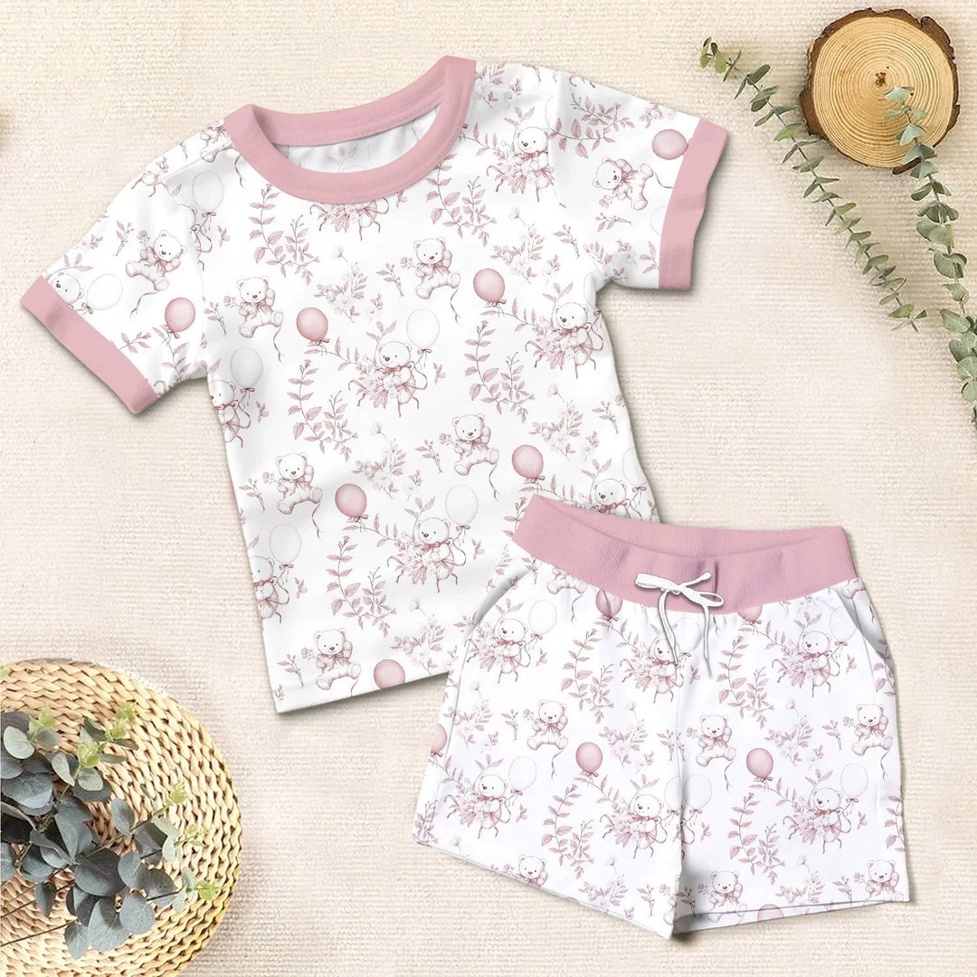 Pink Bear Toile de jouy Two Piece Short Sleeve Shorts Pajama Set - Zumbamboo