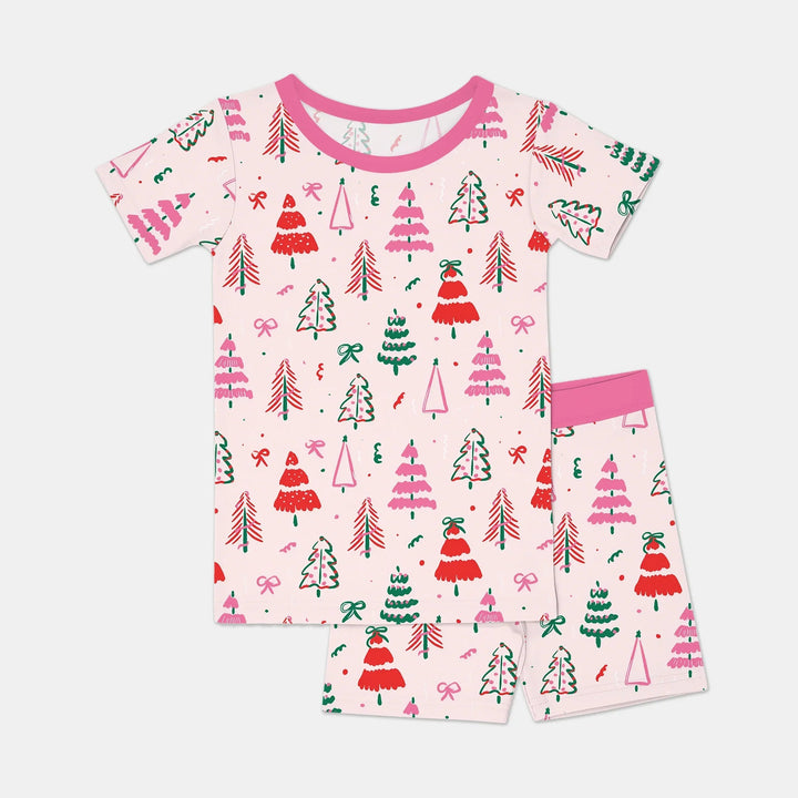 Pink Christmas Tree Farm Two Piece Short Sleeve Shorts Pajama Set - Zumbamboo