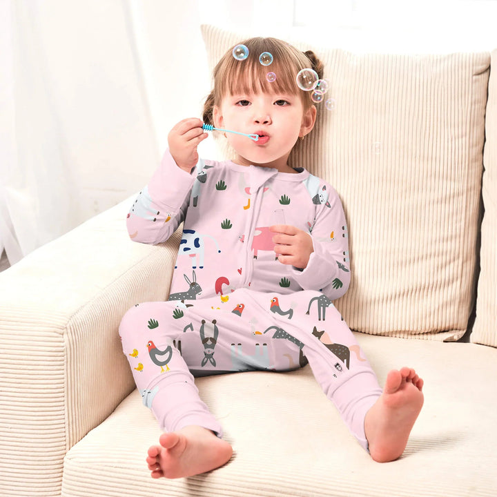 Pink Farm Animals Convertible Zippered Romper - Zumbamboo