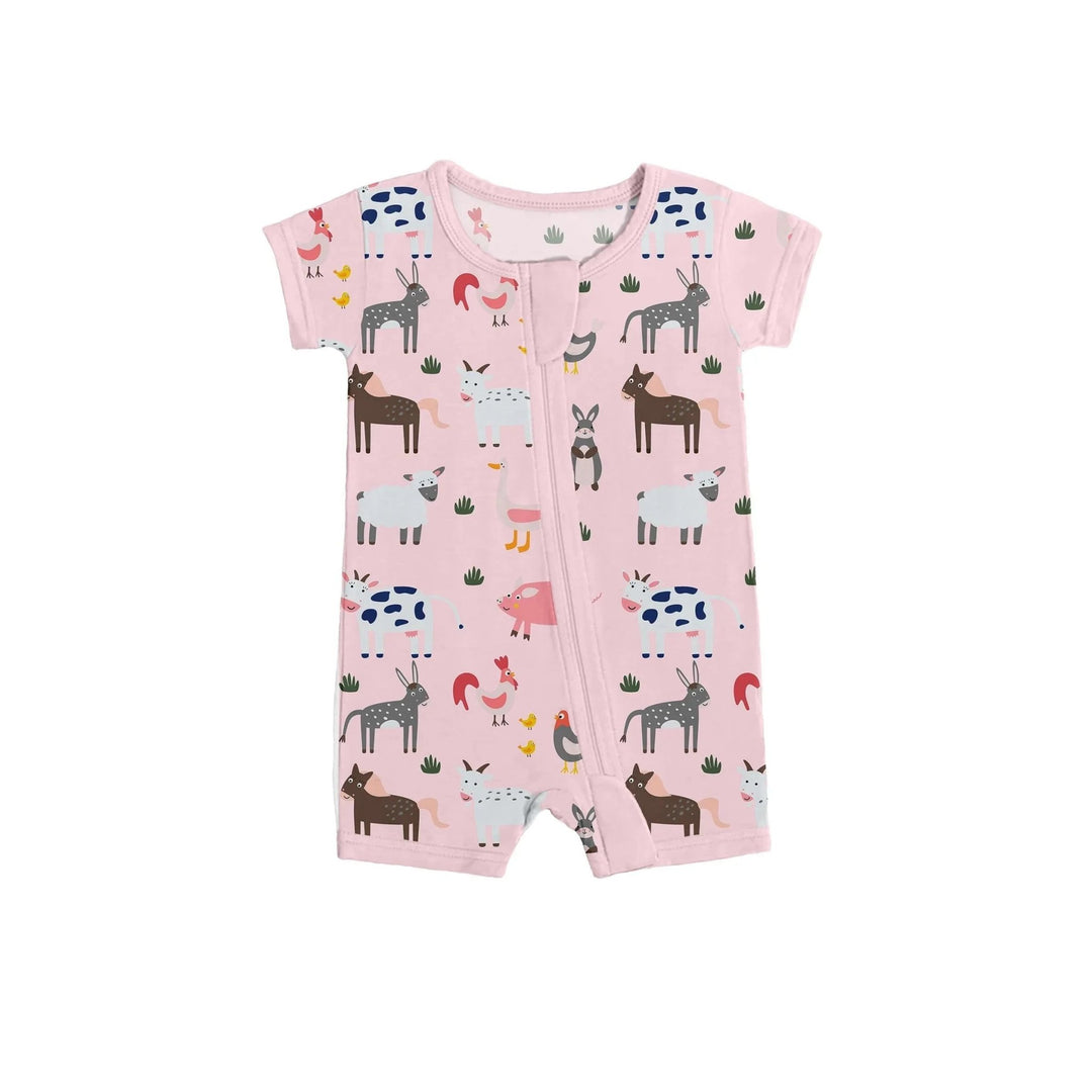 Pink Farm Animals Shorty Zippered Romper - Zumbamboo