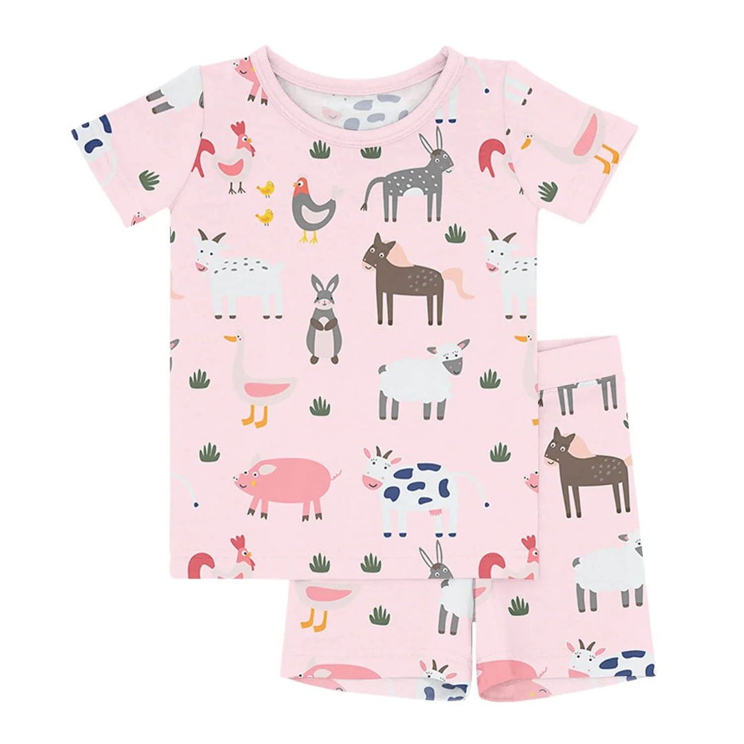 Pink Farm Animals Two Piece Short Sleeve Shorts Pajama Set - Zumbamboo
