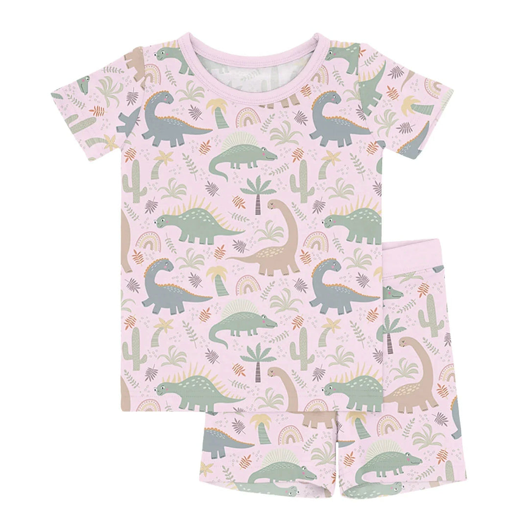 Pink Jurassic Jungle Two Piece Short Sleeve Shorts Pajama Set - Zumbamboo